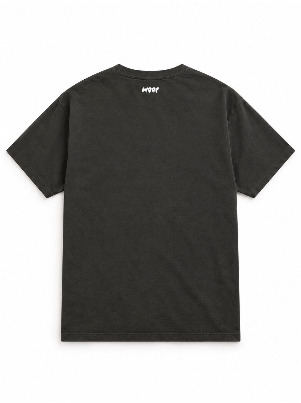 Back of the Greyhound & Whippet Halloween oversized T-shirt in Washed Black with small WOOF logo below the collar