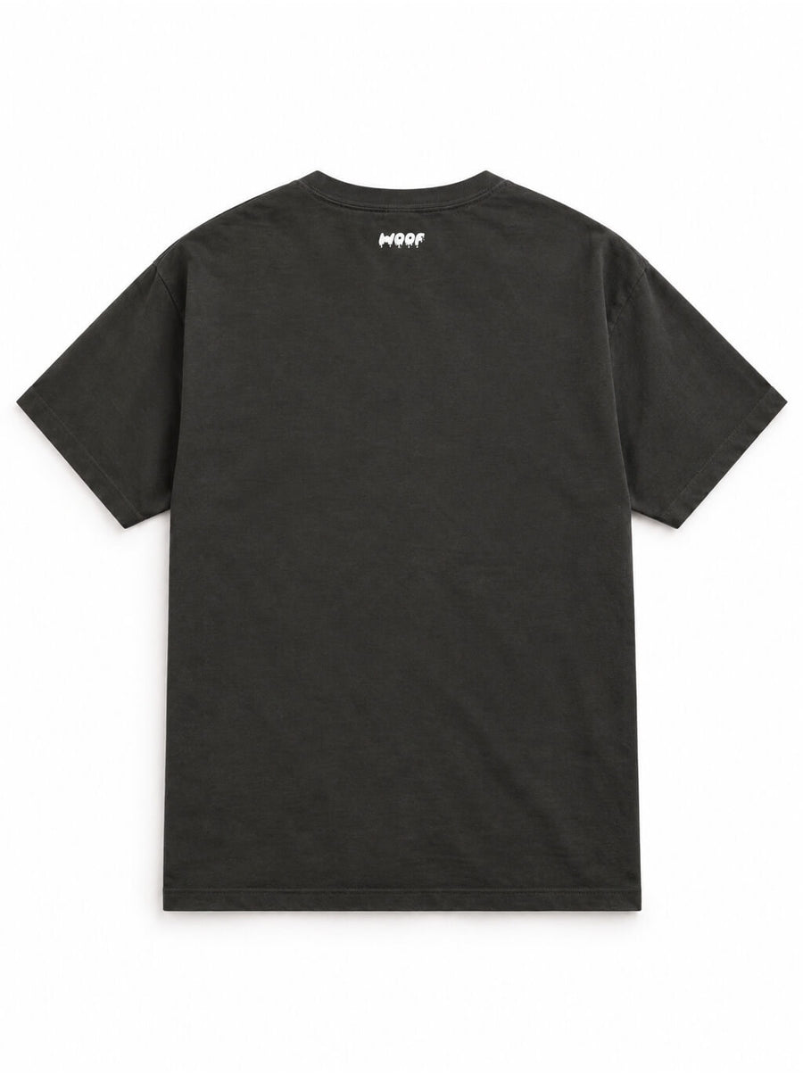 Back of the Greyhound & Whippet Halloween oversized T-shirt in Washed Black with small WOOF logo below the collar