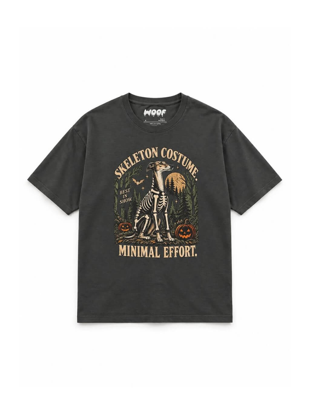 Greyhound & Whippet Halloween oversized T-shirt in Washed Black featuring a Greyhound in a skeleton costume, front view