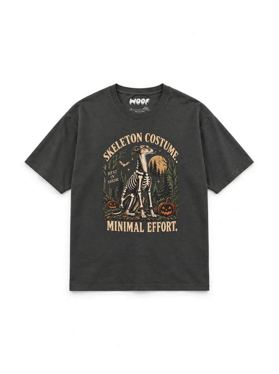 Greyhound & Whippet Halloween oversized T-shirt in Washed Black featuring a Greyhound in a skeleton costume, front view