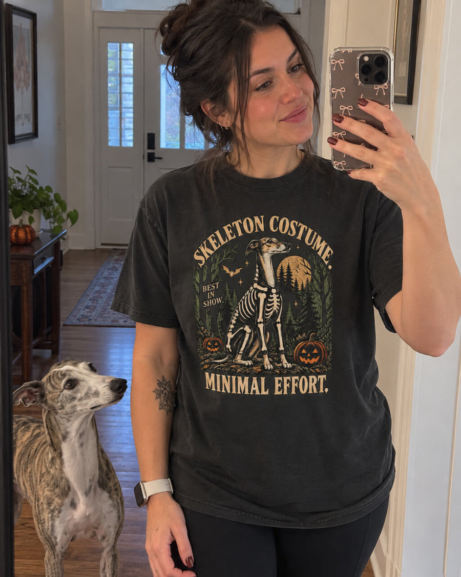 Greyhound & Whippet Halloween oversized T-shirt in Washed Black worn by a woman taking a mirror selfie with her Whippet