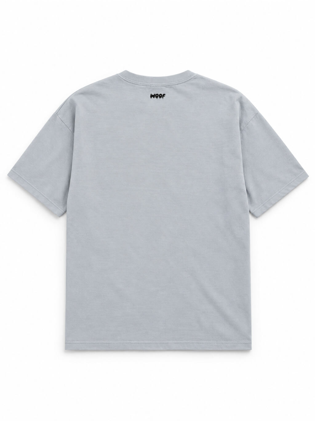 Back of the Halloween Night Great Dane oversized Halloween T-shirt in Light Washed Denim with small WOOF logo below the collar