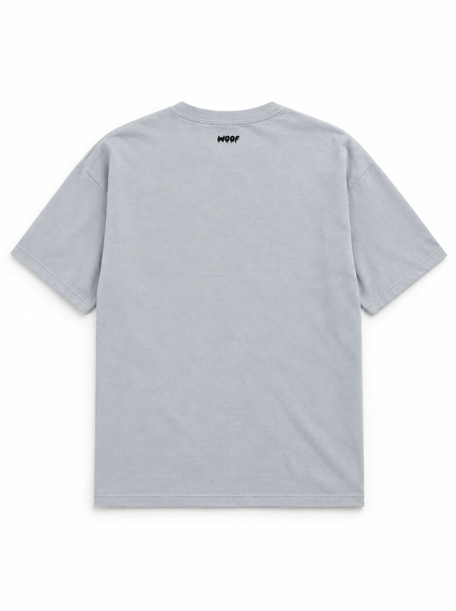 Back of the Halloween Night Great Dane oversized Halloween T-shirt in Light Washed Denim with small WOOF logo below the collar