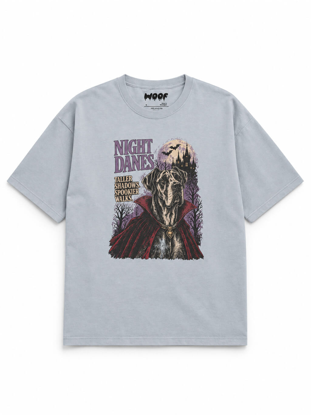 Halloween Night Great Dane oversized Halloween T-shirt in Light Washed Denim featuring a Great Dane in a vampire cape, front view