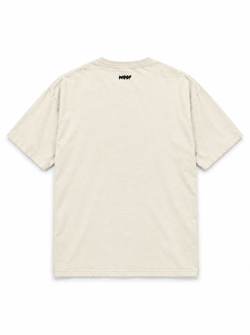 Back of the Halloween Night Great Dane oversized Halloween T-shirt in Vintage White with small WOOF logo below the collar