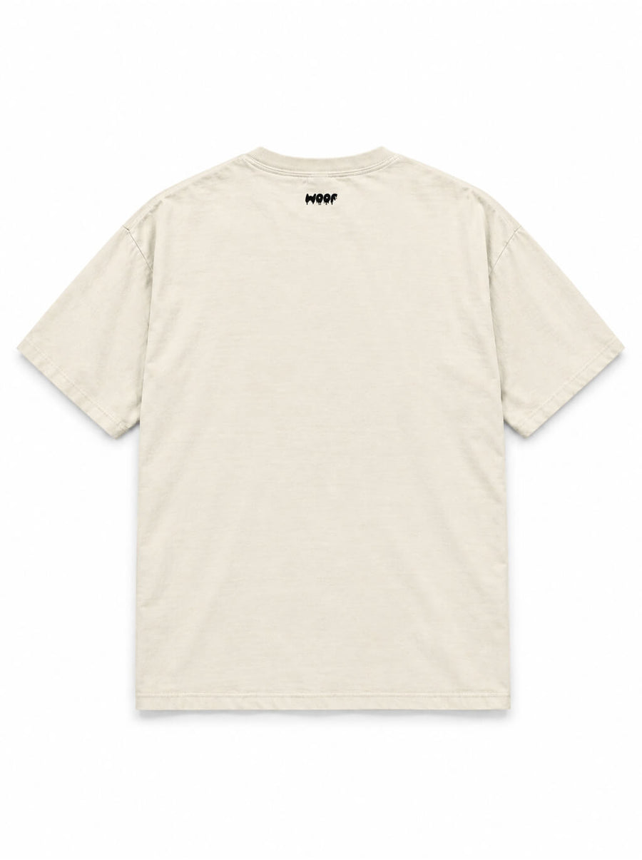 Back of the Halloween Night Great Dane oversized Halloween T-shirt in Vintage White with small WOOF logo below the collar