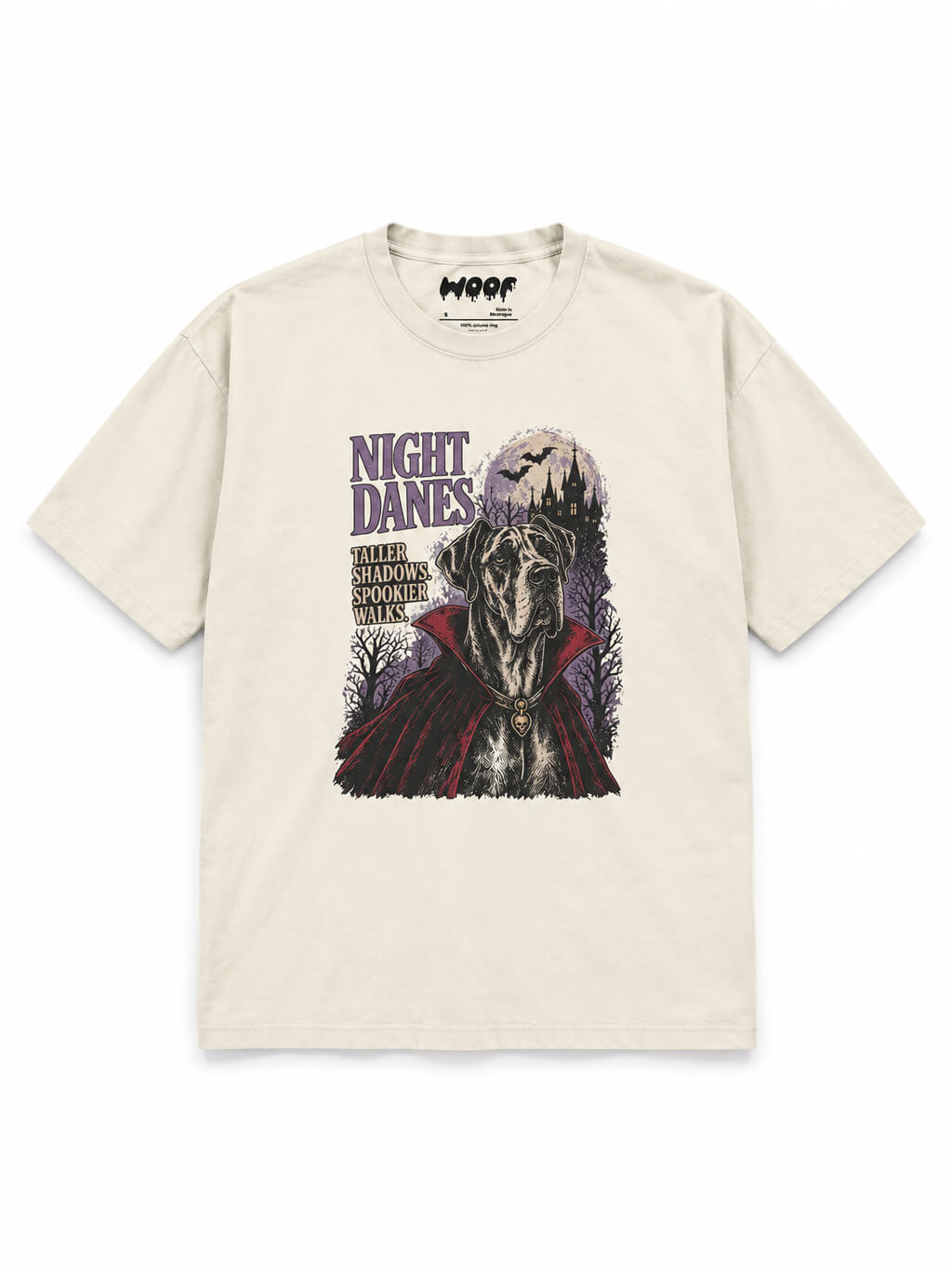 Halloween Night Great Dane oversized Halloween T-shirt in Vintage White featuring a Great Dane in a vampire cape, front view