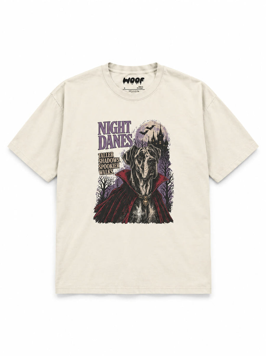 Halloween Night Great Dane oversized Halloween T-shirt in Vintage White featuring a Great Dane in a vampire cape, front view