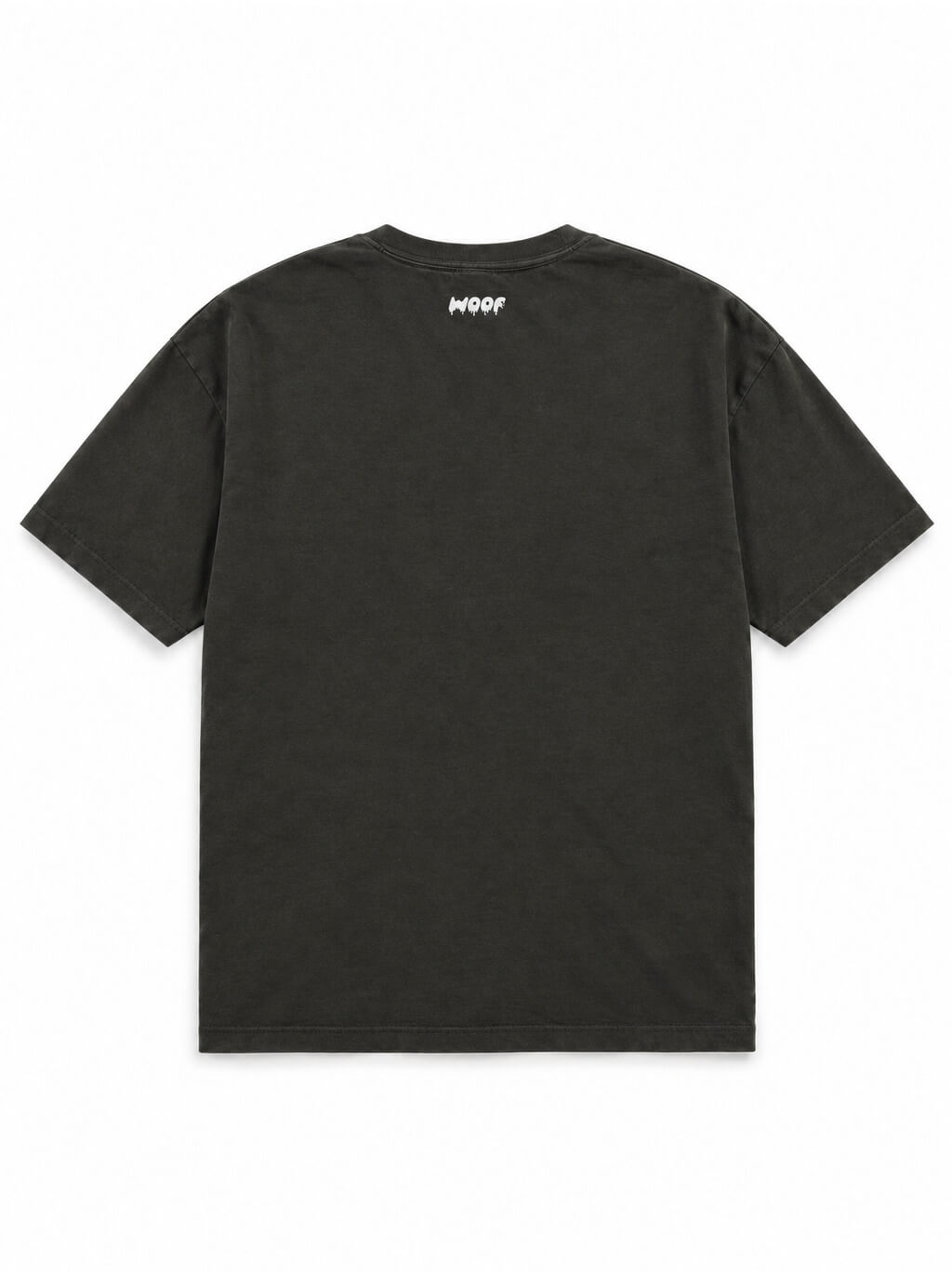 Back of the Halloween Night Great Dane oversized Halloween T-shirt in Washed Black with small WOOF logo below the collar