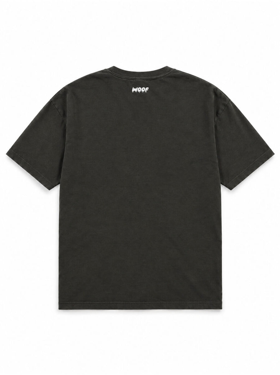 Back of the Halloween Night Great Dane oversized Halloween T-shirt in Washed Black with small WOOF logo below the collar