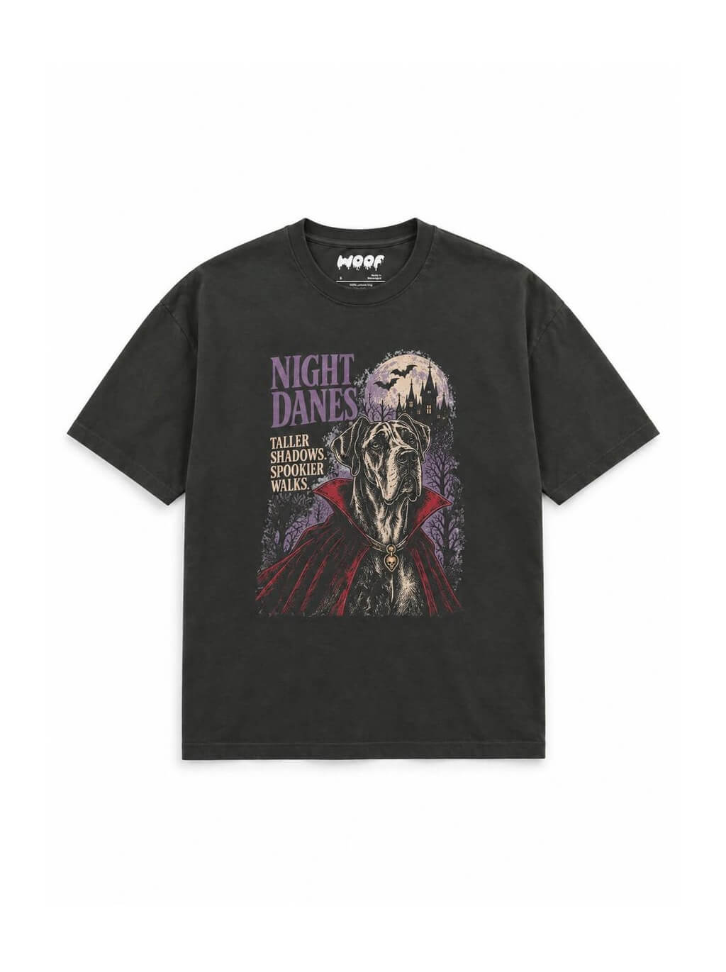 Halloween Night Great Dane oversized Halloween T-shirt in Washed Black featuring a Great Dane in a vampire cape, front view