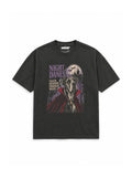 Halloween Night Great Dane oversized Halloween T-shirt in Washed Black featuring a Great Dane in a vampire cape, front view