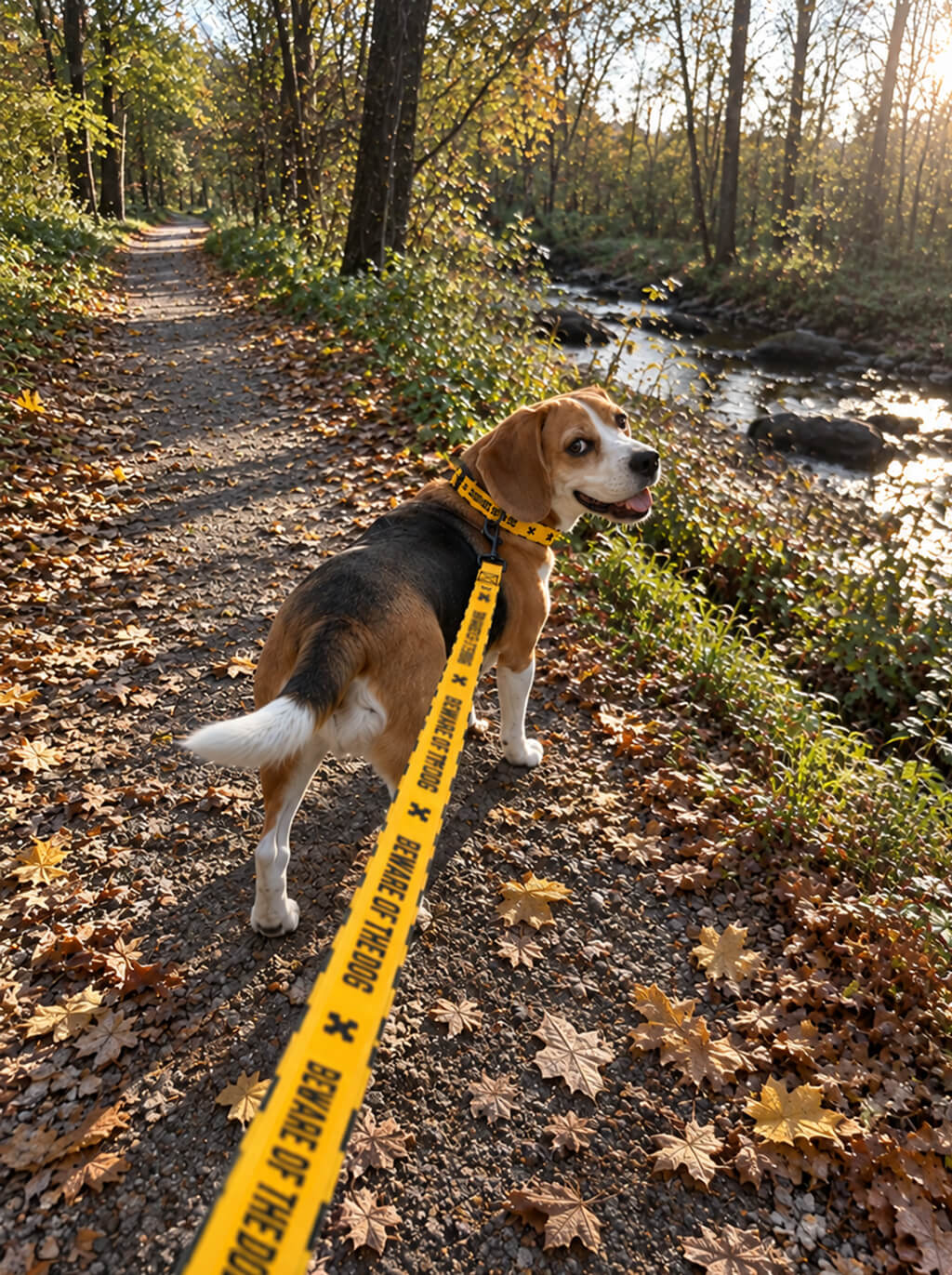 Beagle on a forest path in autumn wearing the yellow Haunted Hound collar and leash set