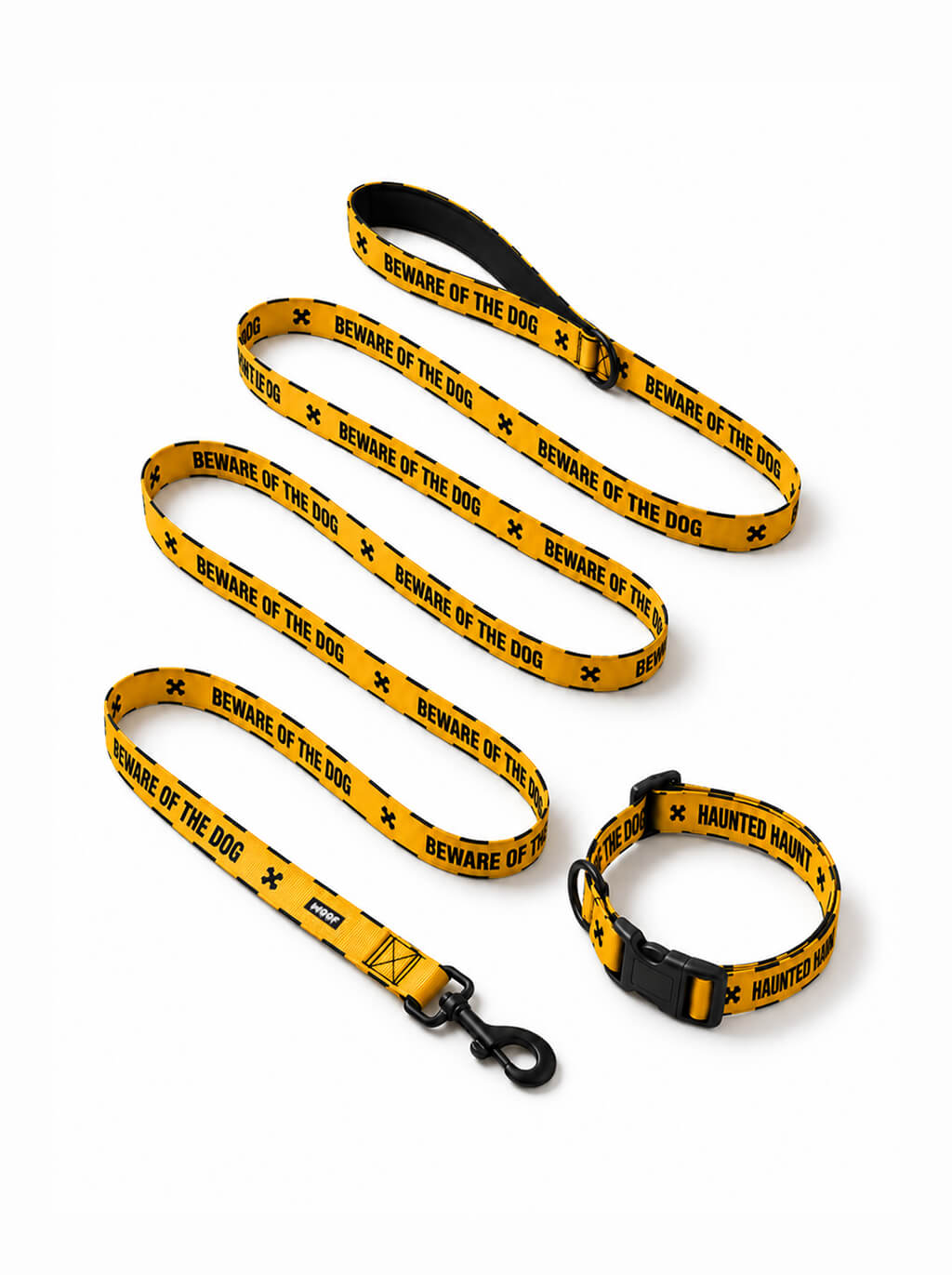 Haunted Hound dog collar and leash set in yellow and black with a Beware of the Dog print, laid out flat
