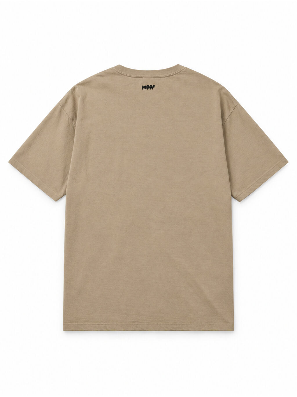 Back of the Husky Halloween oversized T-shirt in Khaki with small WOOF logo below the collar