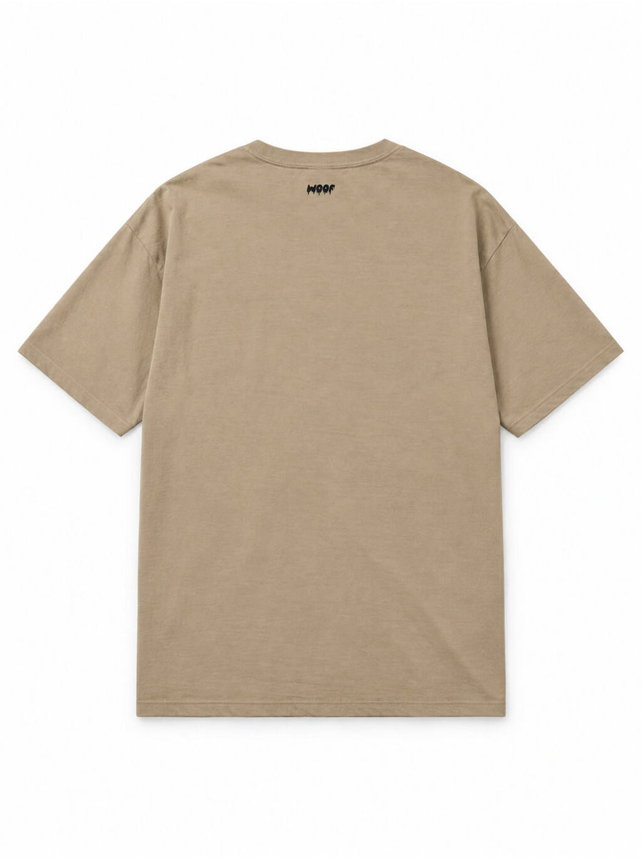 Back of the Husky Halloween oversized T-shirt in Khaki with small WOOF logo below the collar