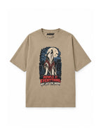 Husky Halloween oversized T-shirt in Khaki featuring a Husky howling at the full moon, front view