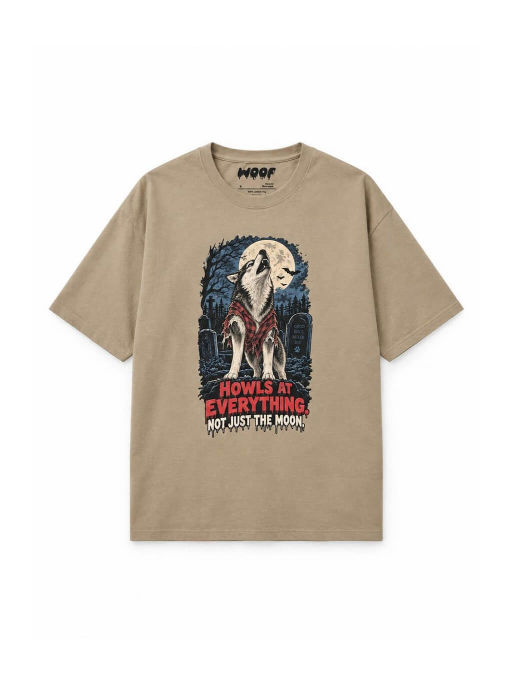 Husky Halloween oversized T-shirt in Khaki featuring a Husky howling at the full moon, front view