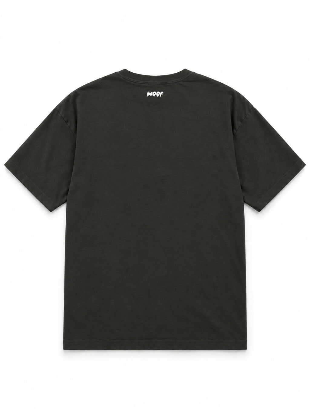 Back of the Husky Halloween oversized T-shirt in Washed Black with small WOOF logo below the collar