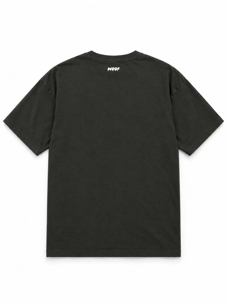 Back of the Husky Halloween oversized T-shirt in Washed Black with small WOOF logo below the collar