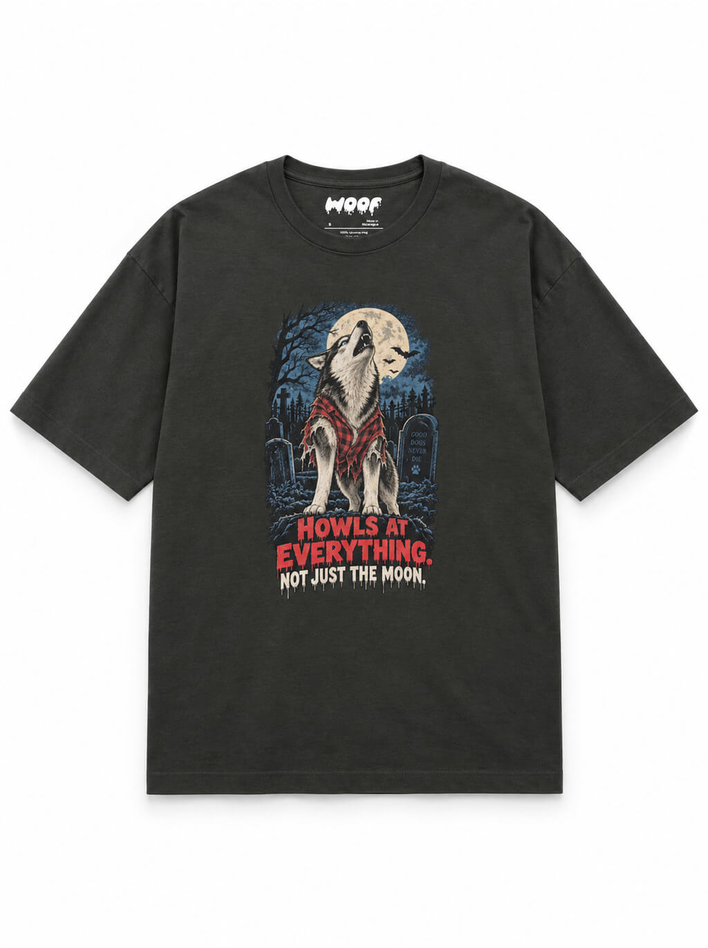 Husky Halloween oversized T-shirt in Washed Black featuring a Husky howling at the full moon, front view