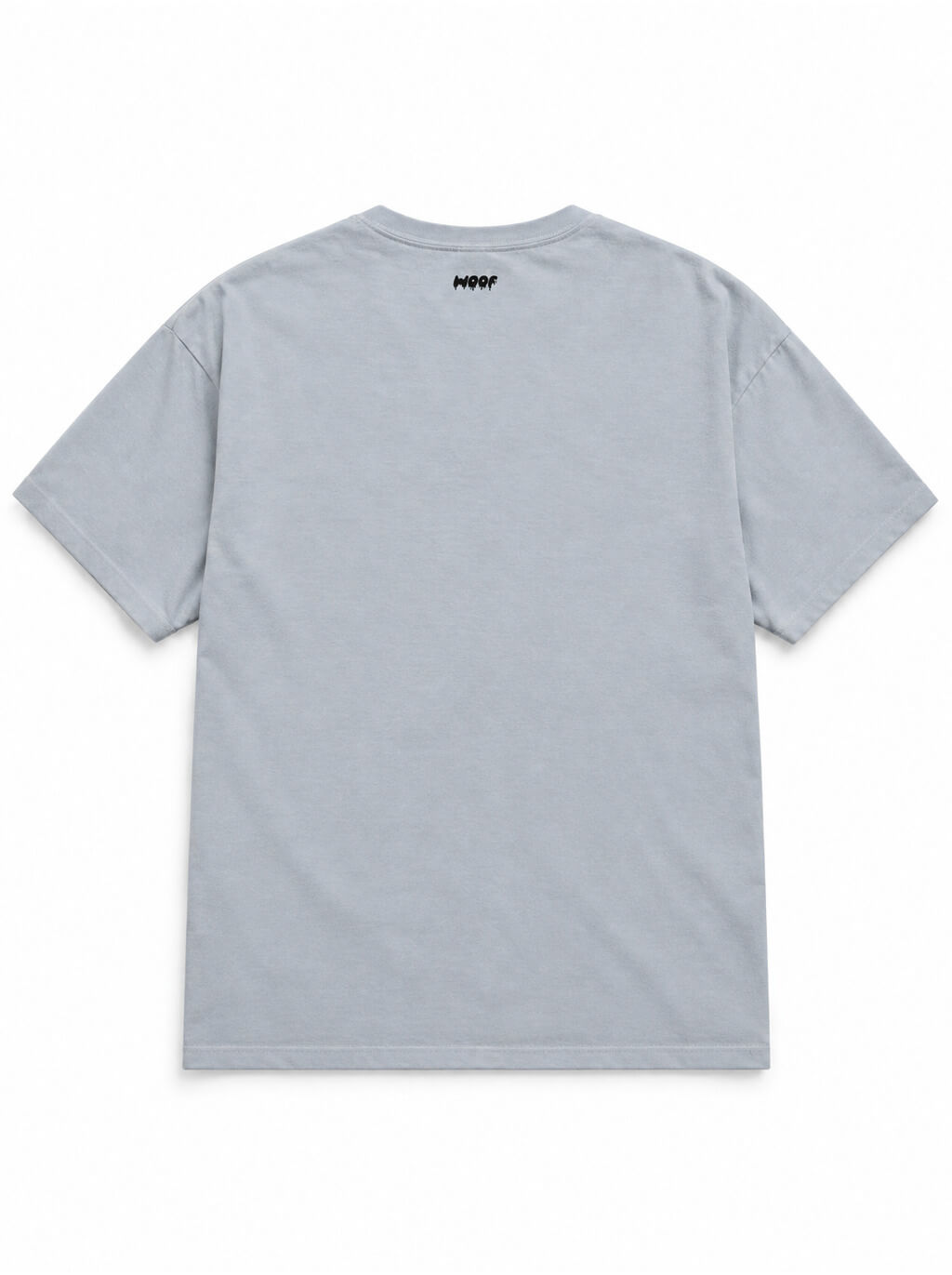 Back of the Labrador Halloween oversized T-shirt in Light Washed Denim with small WOOF logo below the collar