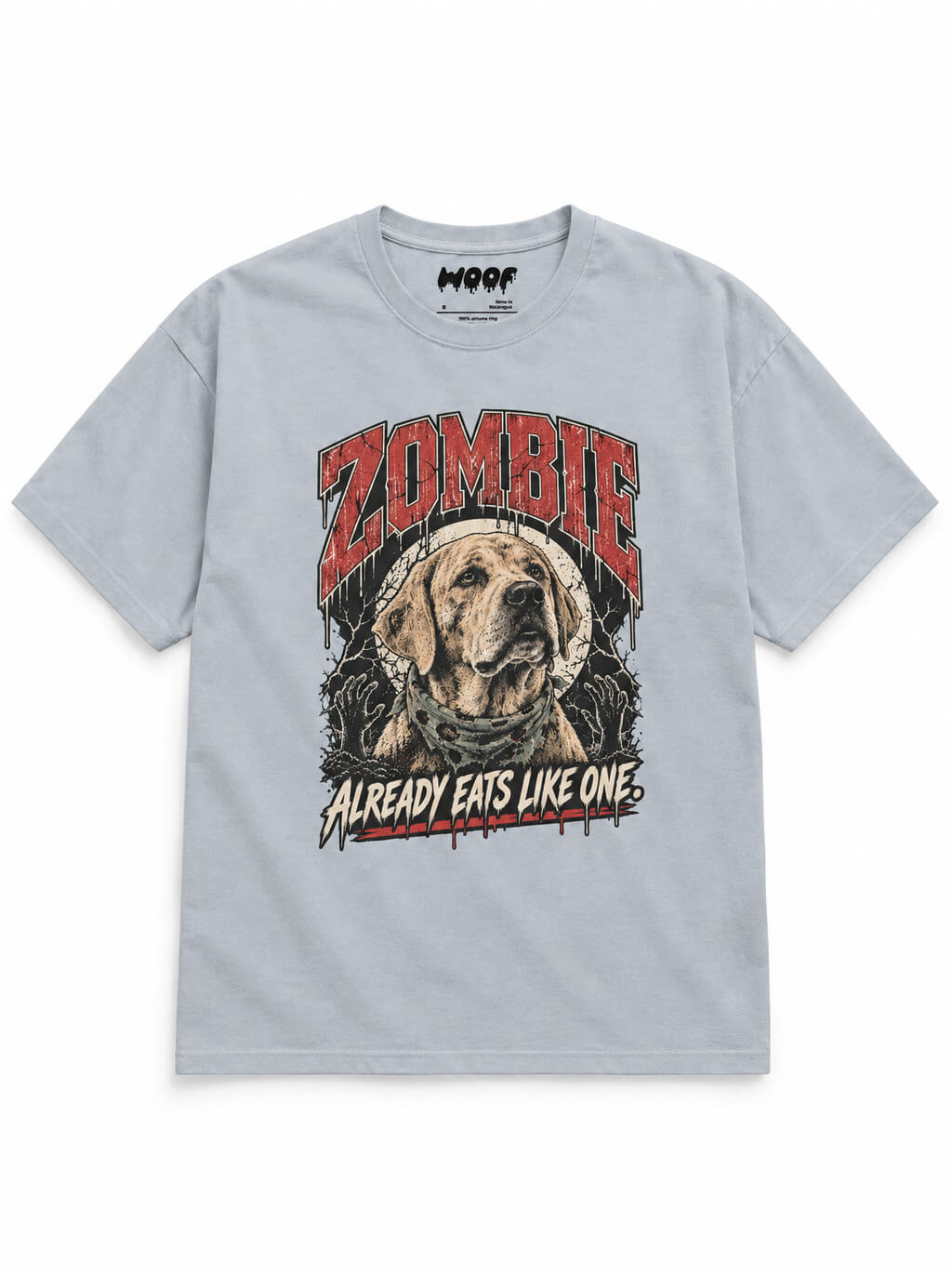 Labrador Halloween oversized T-shirt in Light Washed Denim featuring a zombie Labrador, front view