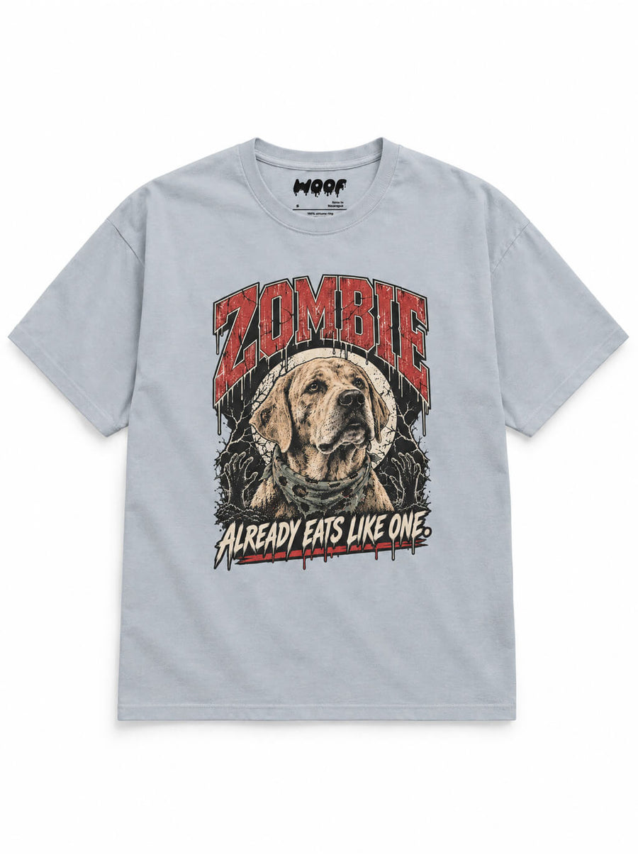 Labrador Halloween oversized T-shirt in Light Washed Denim featuring a zombie Labrador, front view
