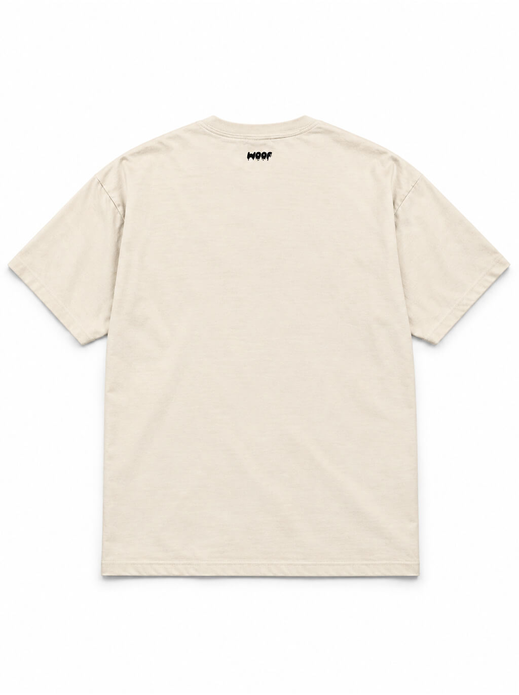 Back of the Labrador Halloween oversized T-shirt in Vintage White with small WOOF logo below the collar
