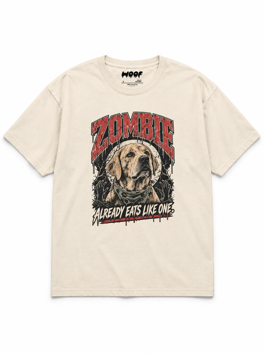 Labrador Halloween oversized T-shirt in Vintage White featuring a zombie Labrador, front view