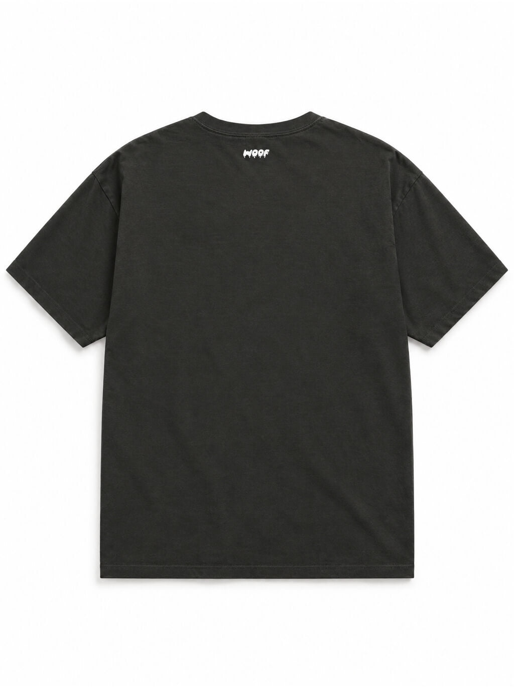 Back of the Labrador Halloween oversized T-shirt in Washed Black with small WOOF logo below the collar