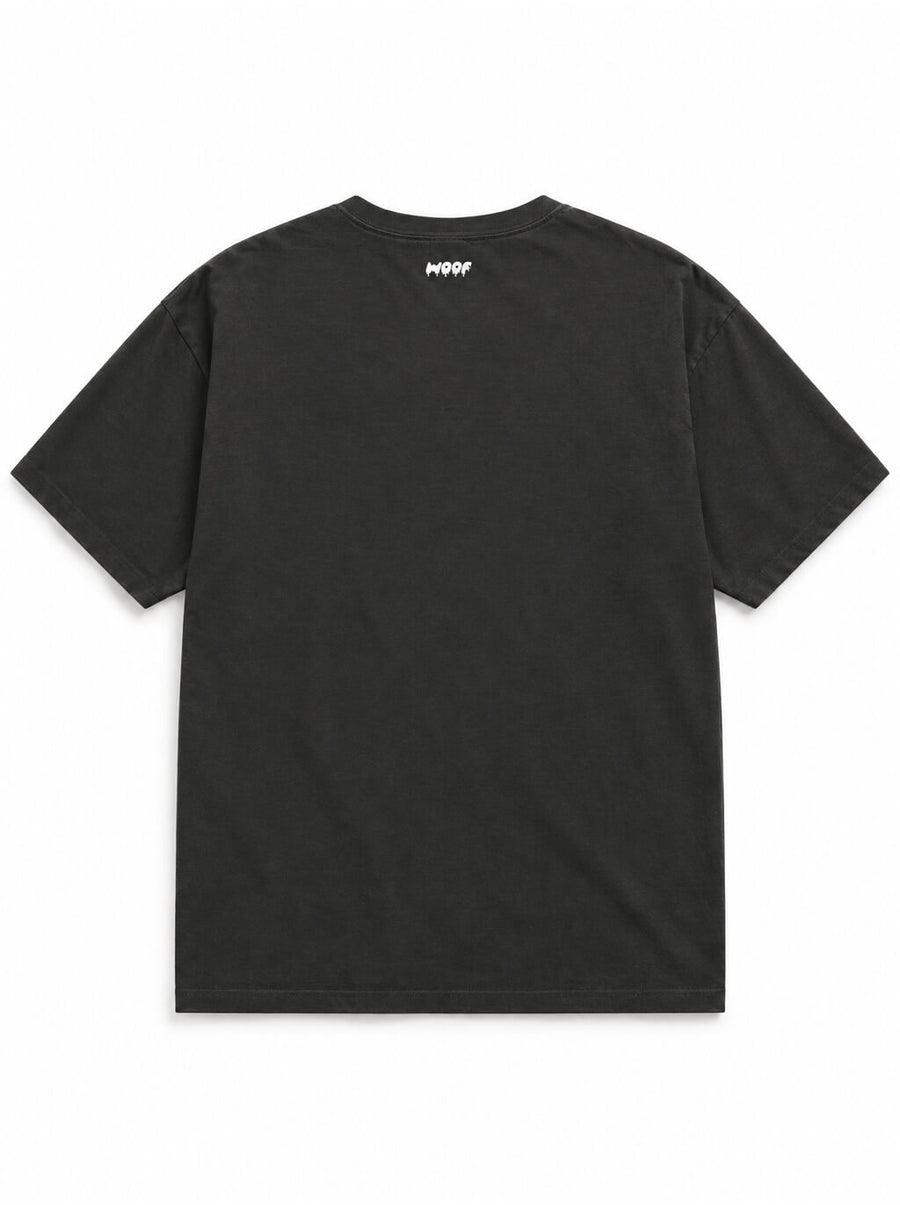 Back of the Labrador Halloween oversized T-shirt in Washed Black with small WOOF logo below the collar