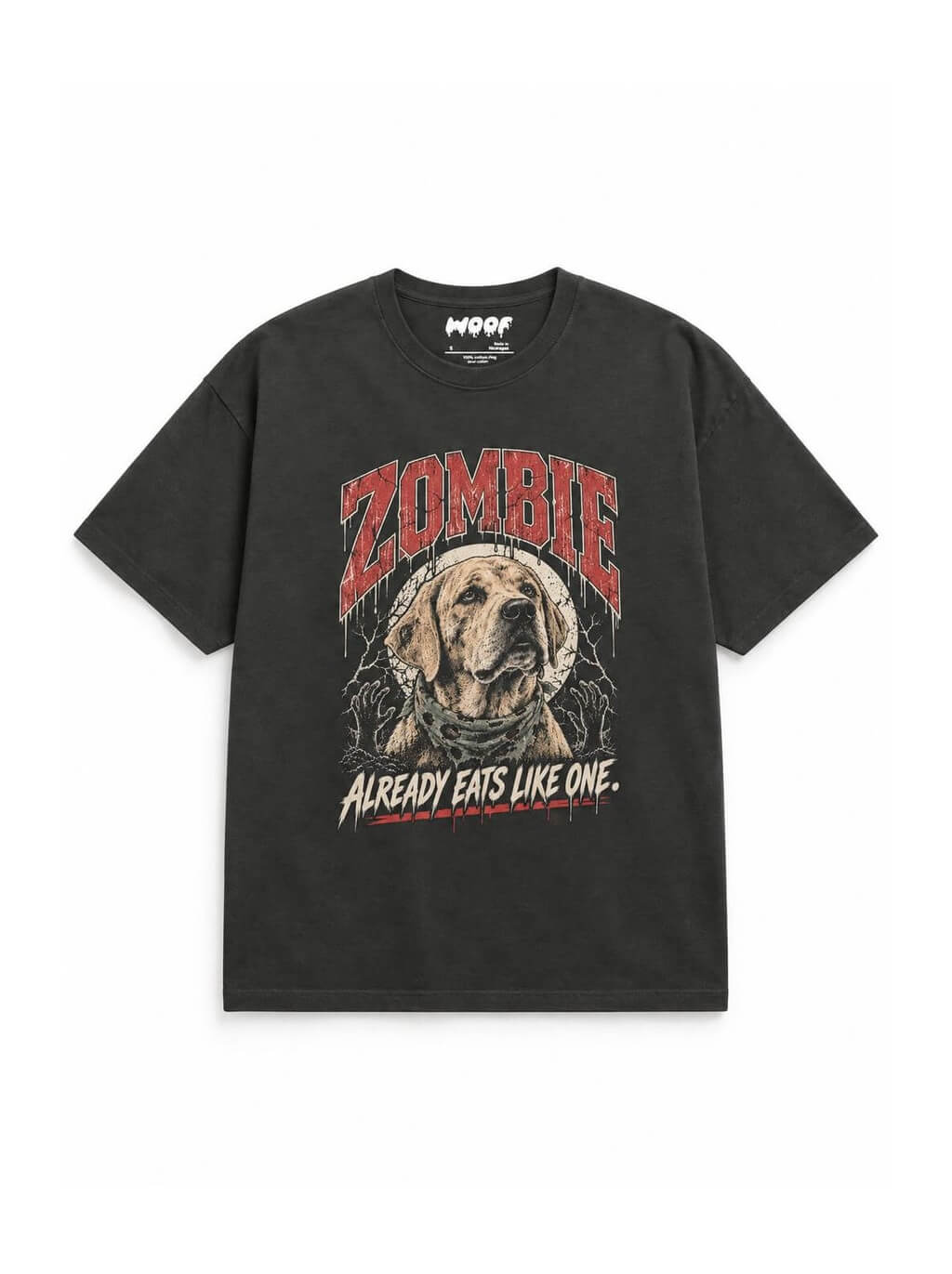 Labrador Halloween oversized T-shirt in Washed Black featuring a zombie Labrador, front view