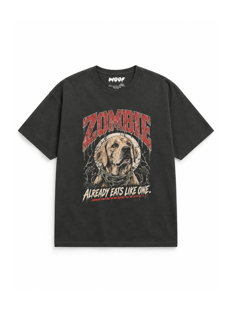 Labrador Halloween oversized T-shirt in Washed Black featuring a zombie Labrador, front view