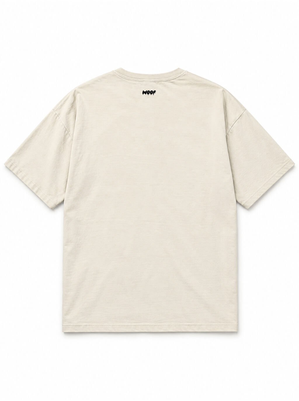 Back of the Mummy Dachshund oversized Halloween T-shirt in Vintage White with small WOOF logo below the collar