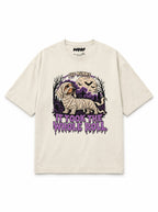 Mummy Dachshund oversized Halloween T-shirt in Vintage White featuring a mummy-wrapped Dachshund, front view