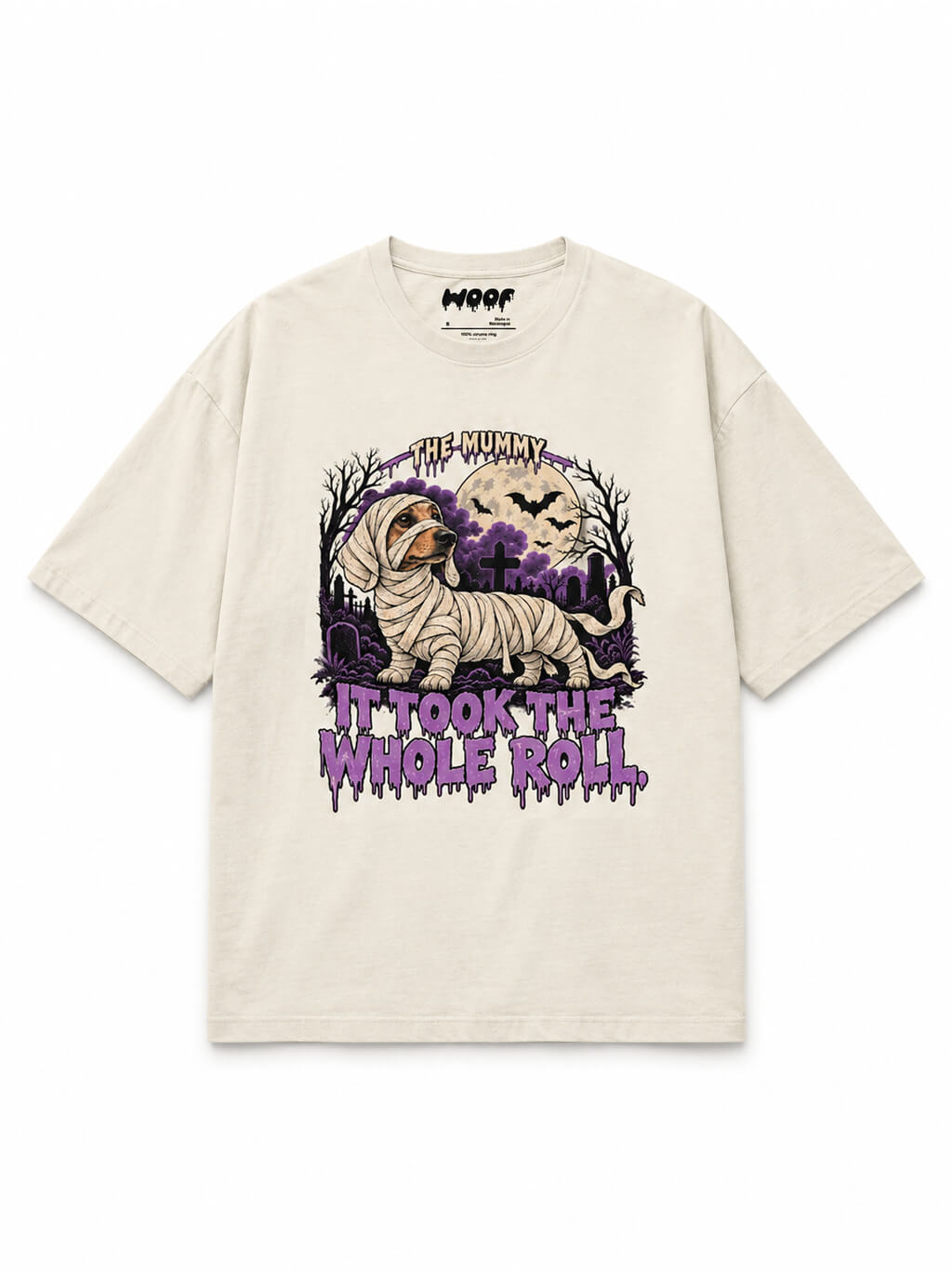 Mummy Dachshund oversized Halloween T-shirt in Vintage White featuring a mummy-wrapped Dachshund, front view