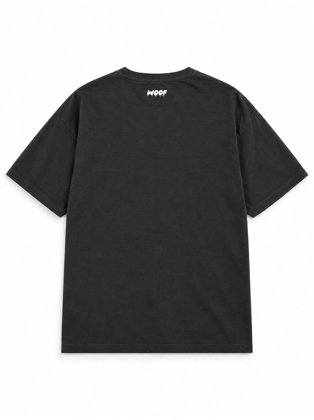 Back of the Mummy Dachshund oversized Halloween T-shirt in Washed Black with small WOOF logo below the collar