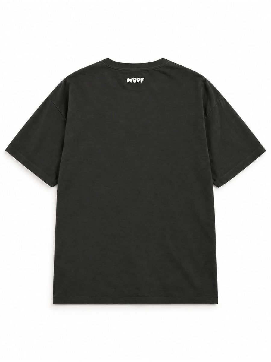 Back of the Mummy Dachshund oversized Halloween T-shirt in Washed Black with small WOOF logo below the collar