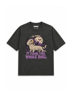 Mummy Dachshund oversized Halloween T-shirt in Washed Black featuring a mummy-wrapped Dachshund, front view