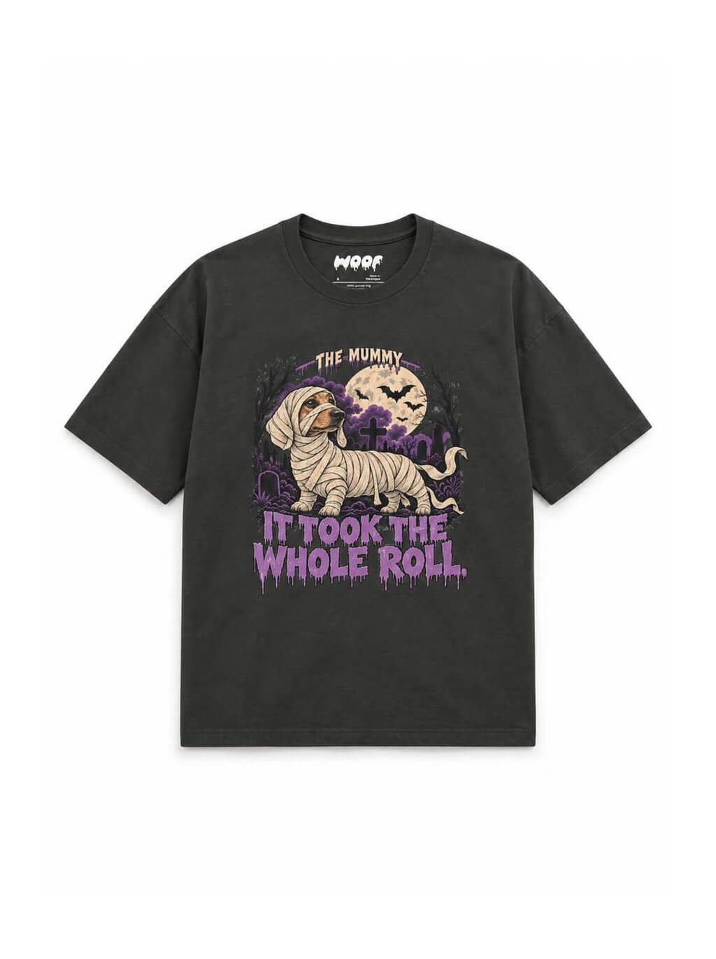 Mummy Dachshund oversized Halloween T-shirt in Washed Black featuring a mummy-wrapped Dachshund, front view