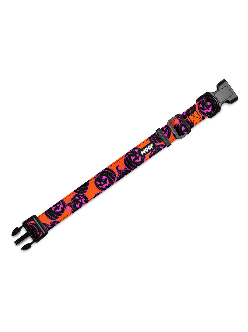 Orange Pumpkin dog collar with black and pink jack-o-lantern print and quick-release buckle