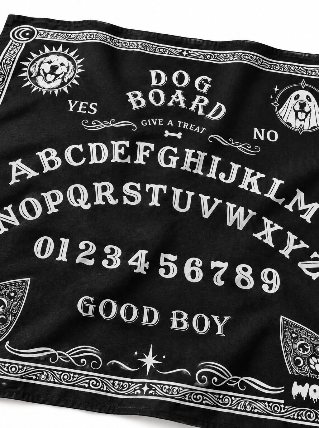 Ouija Board dog bandana angled, showing the white letters and planchettes of the dog spirit board