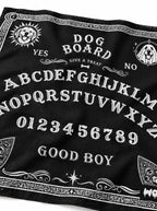 Ouija Board dog bandana angled, showing the white letters and planchettes of the dog spirit board
