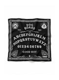 Ouija Board dog bandana in black with a white "Dog Board" spirit board print, laid out flat