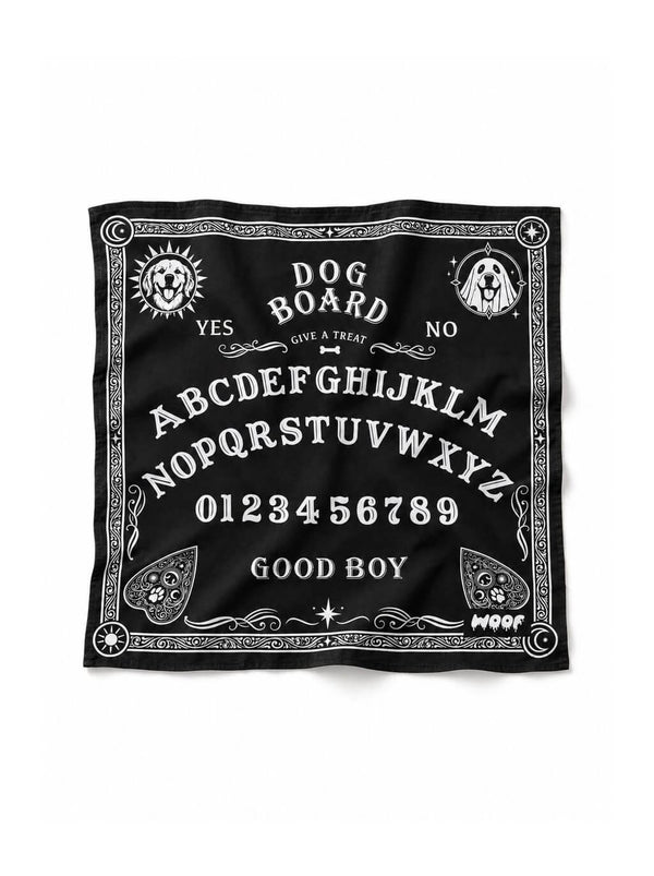 Ouija Board dog bandana in black with a white "Dog Board" spirit board print, laid out flat