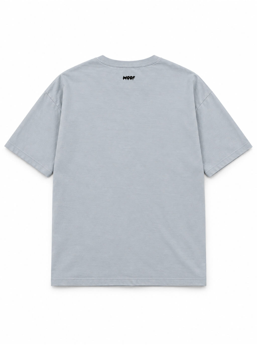 Back of the Paranormal Loaf Corgi oversized Halloween T-shirt in Light Washed Denim with small WOOF logo below the collar