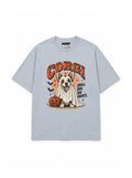 Paranormal Loaf Corgi oversized Halloween T-shirt in Light Washed Denim featuring a Corgi in a ghost sheet, front view