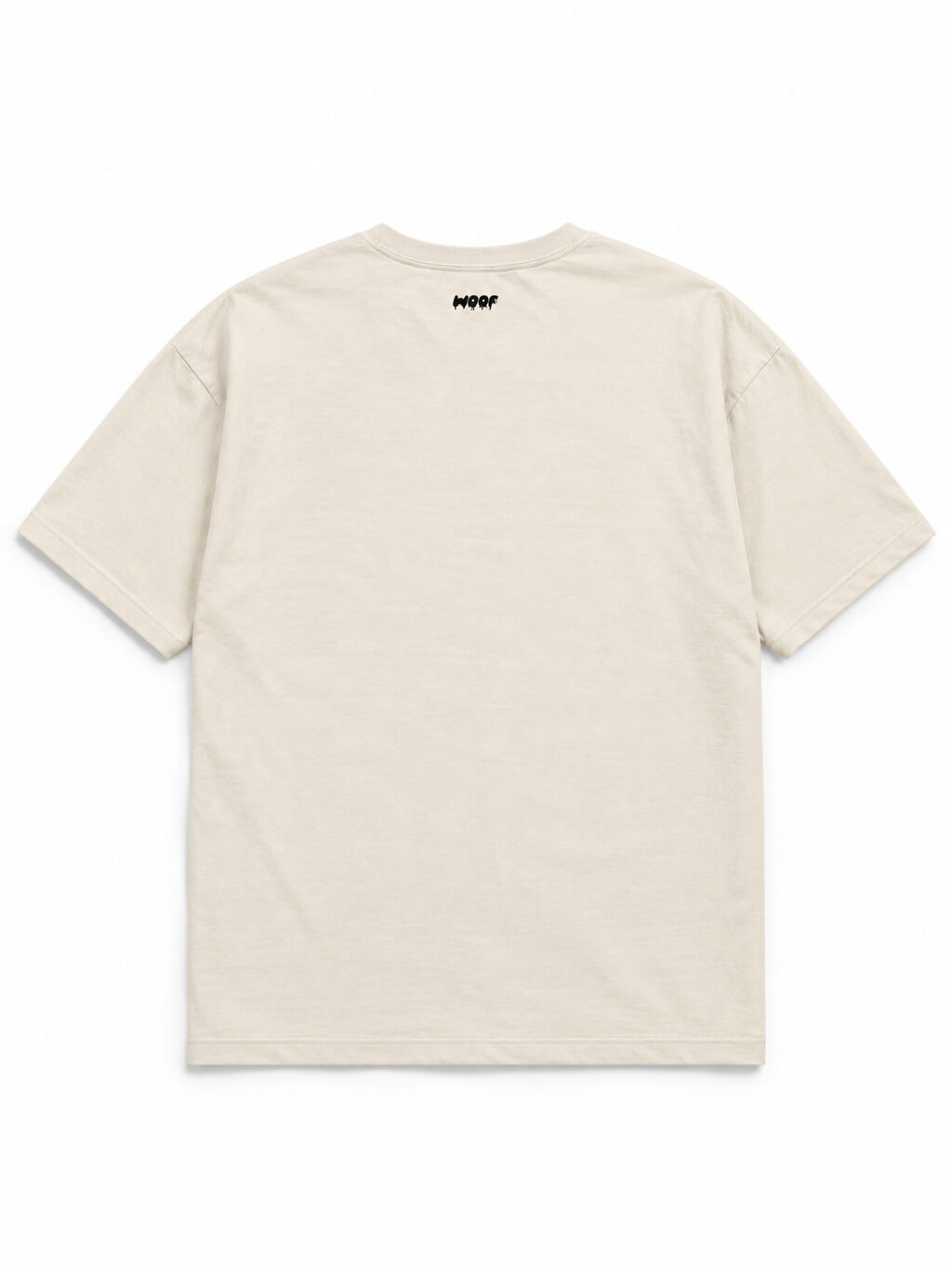 Back of the Pug Halloween oversized T-shirt in Vintage White with small WOOF logo below the collar