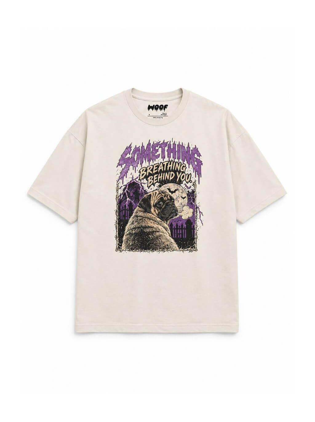 Pug Halloween oversized T-shirt in Vintage White featuring a Pug looking back in a spooky graveyard, front view